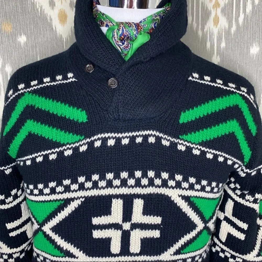Polo Ralph Lauren Black & Green Multi Geometric Shawl Collar Sweater